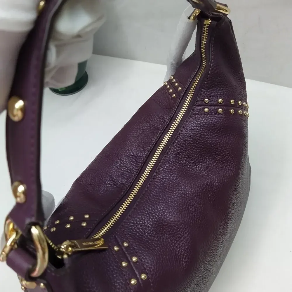 Michael Kors Aria Purple Pebbled Leather Studded Zipper Closure Shoulder Bag
